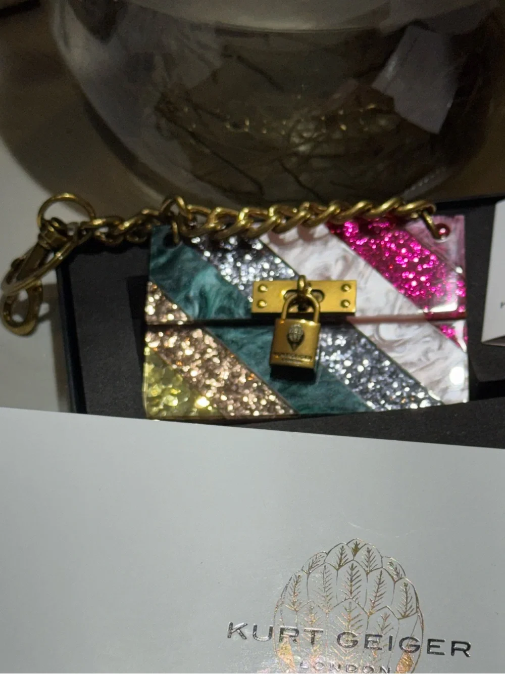 Kurt Geiger Multicolor Glitter Card  purse charm/key chain. NWT